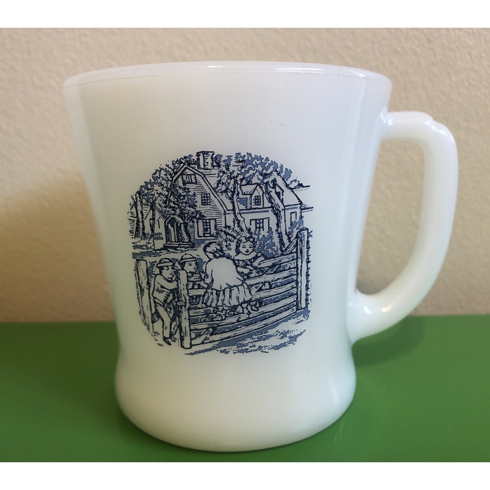 Vintage Milk Glass Mug Cup Blue White Victorian Colonial Scene Kids Fence House
